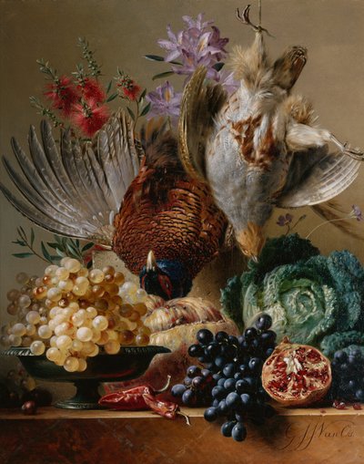 Död fasan, rapphöna, vindruvor, kål, frukt och blommor på en avsats (olja på duk) av Georgius Jacobus Johannes van (after) Os