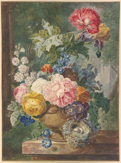 Blombukett i en vas med ett fågelbo av Georgius Jacobus Johannes van Os