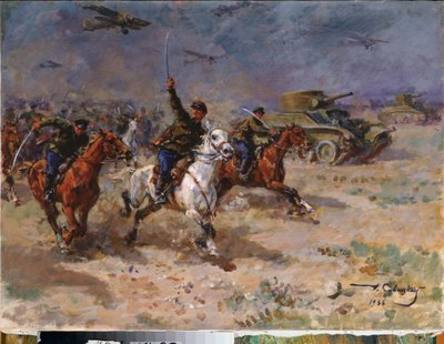 Attack (Röda arméns tankar och kavalleri under oktoberrevolutionen) - Attack - Målning av George (Georgy, Georgi) Konstantinovich Savitsky (1887-1949), olja på duk av Georgiy Konstantinovich Savitsky