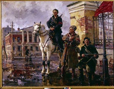 Ryska revolutionen i oktober 1917: ""de första dagarna av oktober"" (de första dagarna av oktober). Erövringen av Vinterpalatset i Sankt Petersburg den 25 oktober 1917, ett angrepp ledd av rödgardet och bolsjevikerna. Målning av George (Georgy, Georgi) av Georgiy Konstantinovich Savitsky