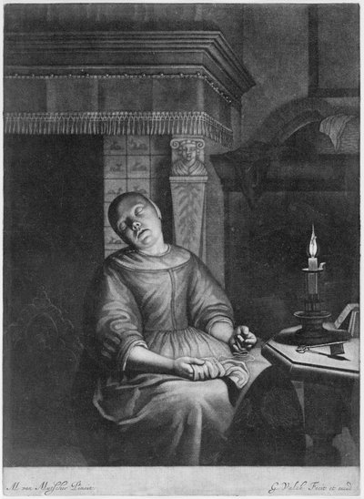 Sovande flicka med handarbete i knät, sent 1600- och början av 1700-talet. av Gerald Valck