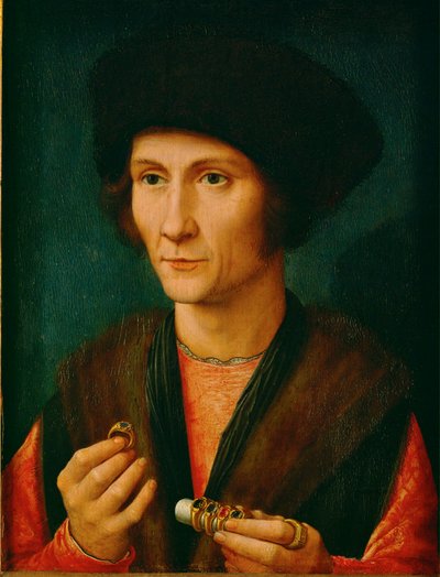 En guldsmed, kanske Jacques Cnoop, svärfar till Gerard David ... (olja på ek) av Gerard David