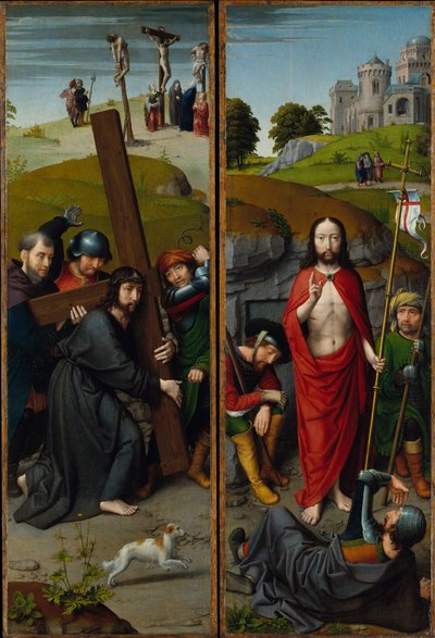 Kristus som bär korset, med korsfästelsen; Uppståndelsen, med pilgrimerna från Emmaus, ca 1510 (olja på ekpanel) av Gerard David