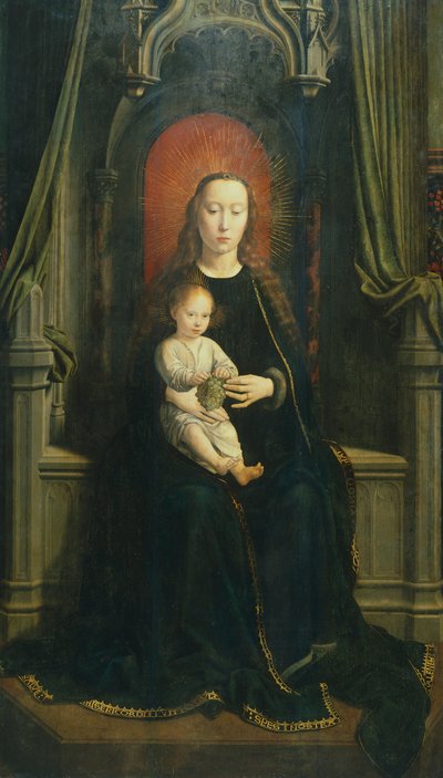 En tronande Madonna med ett barn eller Madonna av druvor, centralpanel på Cervara altartavla av Gerard David