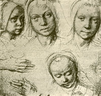 Fyra huvuden av en ung flicka och två händer, c1500-1505, 1908. av Gerard David