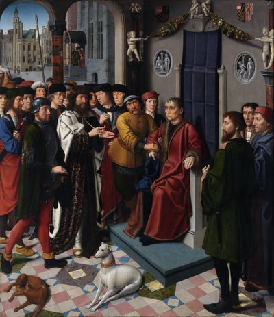 Kambyses dom (den persiske kungen Cambyses II (död 522 f.Kr.) dömer domaren Sisamnes till att flåas levande, för att han avkunnat en dom i utbyte mot pengar) - The Judgment of Cambyses (vänster panel) - Målning av Gerard David (ca 1460- 1523) - 149 av Gerard David