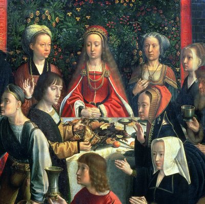 The Marriage at Cana, detalj av bruden och omgivande gäster olja på panelen detalj av 94324 av Gerard David