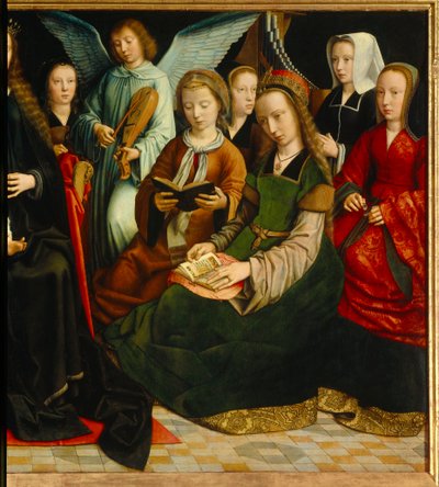 Jungfrun bland helgonen. Detalj av Saintes: Saint Apolline (eller Apollonia), Saint Godeline, Saint Cecile, Saint Barbe, Saint Lucia. Målning av Gerard David (1460-1523) av Gerard David