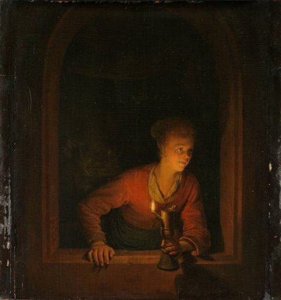 Flicka med en oljelampa vid ett fönster av Gerrit Dou