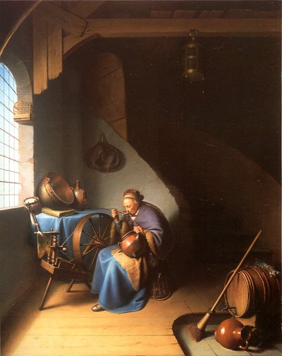 Interiör med en kvinna som äter gröt av Gerrit Dou