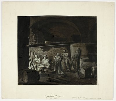 Vinkällare med män som spelar kort av Gerrit Dou
