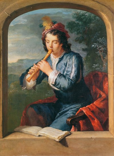 Ung mand spiller fløjte (pastel på papir) swed av Gerard Hoet