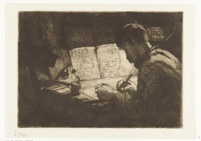 Självporträtt bakom ritbordet av Gerard Jan Bos (signed by artist)