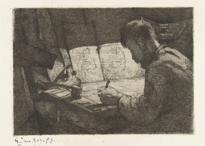 Självporträtt bakom ritbordet av Gerard Jan Bos (signed by artist)