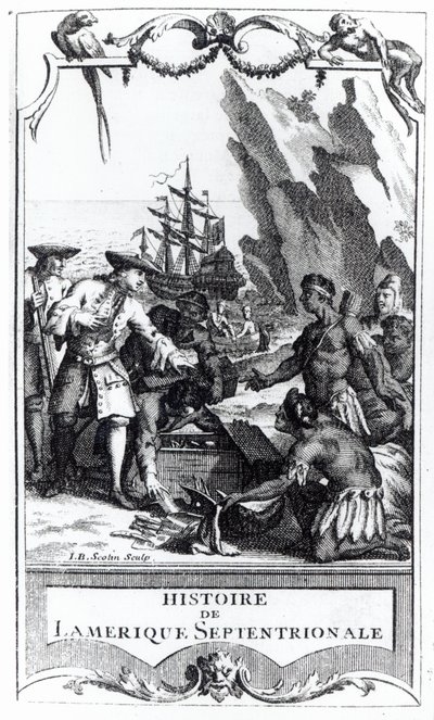 Frontispice för Histoire de lAmerique septentrionale av Bacqueville de La Potherie (1663-1736), publicerad 1753 (bw foto) av Gerard Jean Baptiste Scotin