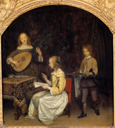 The Concert: sångare och spelare av Luth Theorbe. Målning av Gerard Ter Borch (1617-1681), holländsk skola av Gerard ter Borch