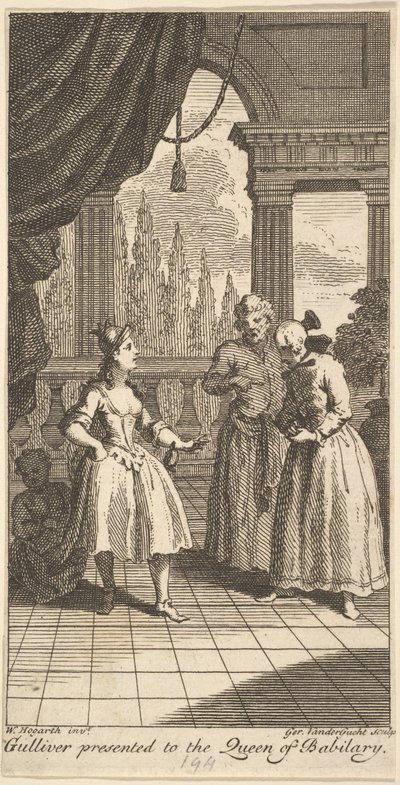 Gulliver presenteras för drottningen av Babilary, frontispice till The Travels of Mr. ..., februari 1730. av Gerard Vandergucht