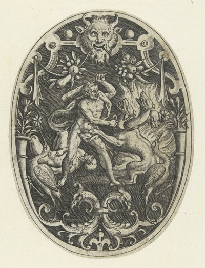Ytdekoration: Hercules dödar monstret Geryon Ovala ytdekorationer med Herkules gärningar i grotesker (serietitel) av Gerard de Jode