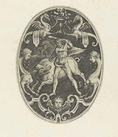 Ytdekoration: Hercules fångar den erymantiska galten Ovala ytdekorationer med Herkules gärningar i grotesker (serietitel) av Gerard de Jode