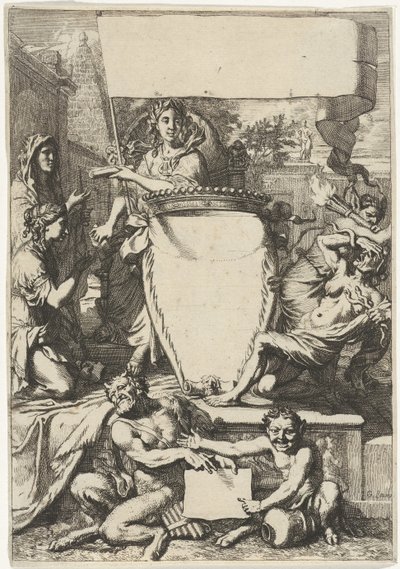 Kartusch omgiven av allegoriska figurer av Gerard de Lairesse