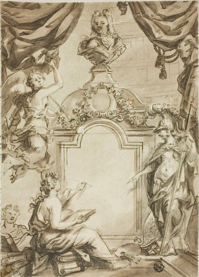 Design för titelsida: Clio tar diktamen från Minerva av Gerard de Lairesse
