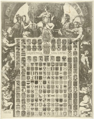 Prins William III:s könsvapen i en allegorisk ram LXIIII Gender Weapons of the Prince of Oraenjen etc. och Weapons of the 7 United Netherlands with its Cities etc. (titel på objektet) av Gerard de Lairesse