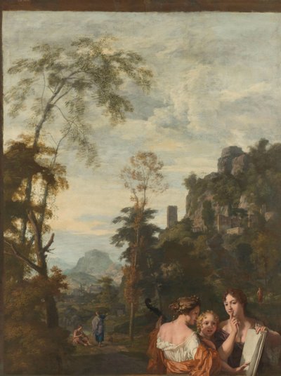 Italienskt landskap med tre kvinnor som gör musik Dekoration för ett rum i Jacob de Flines hus i Amsterdam (serietitel) av Gerard de Lairesse