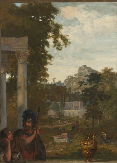 Italienskt landskap med två romerska soldater Dekoration för ett rum i Jacob de Flines hus i Amsterdam (serietitel) av Gerard de Lairesse