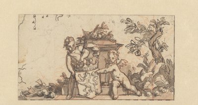 Design för en vinjett med två putti med Hollands vapen av Gerard de Lairesse