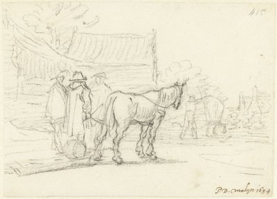Tre män bredvid en häst och släde av Gerard ter Borch (II)
