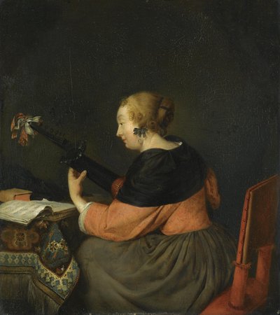 En sittande dam spelar luta av Gerard ter Borch