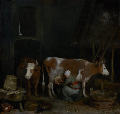 En piga mjölkar en ko i en lada av Gerard ter Borch