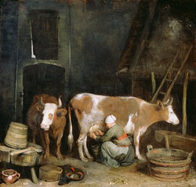 A maid milking a cow in a barn av Gerard ter Borch