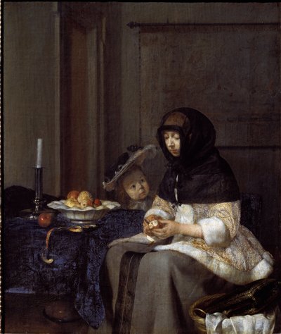En mamma som skalar ett äpple (olja på duk av Gerard ter Borch