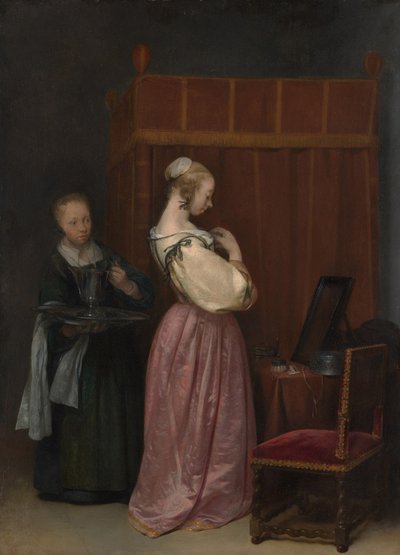 En ung kvinna vid hennes toalett med en piga, ca 1650-51 av Gerard ter Borch