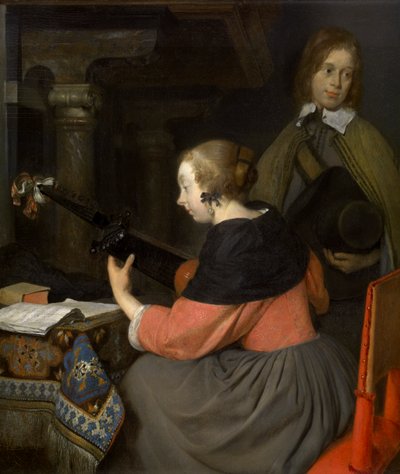 En lutspelare (olja på panel) av Gerard ter Borch or Terborch