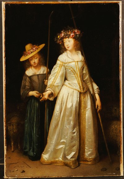 Konstnärens styvsyster, med sin yngre syster Catharina som ger henne en flöjt, 1651 av Gerard ter Borch