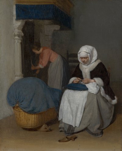 Kvinna som syr bredvid en vagga, ca 1656 av Gerard ter Borch