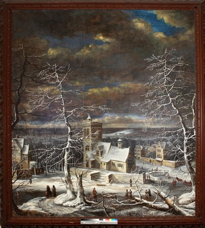 En by på vintern med figurer på isen (olja på duk) av Gerard van Edema
