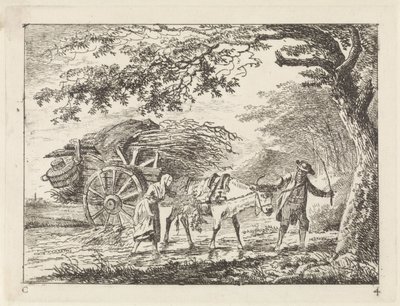 Man och en kvinna vid en fullastad tjurvagn Landskap (serie C) (serietitel) av Gerard van Nijmegen