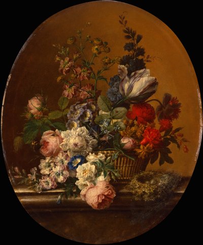 Stilleben av blommor i en korg med ett Dunnock