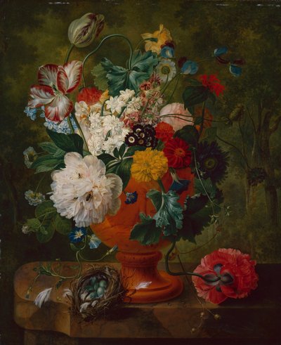 Sommarblommor i en urna med ett fågelbo på en marmoravsats (olja på duk) av Gerard van Spaendonck
