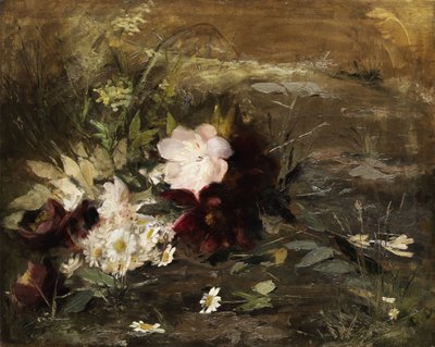Holländska: Seerosen blommor och prästkragar på stranden av Gerardina Jacoba van de Sande Bakhuyzen