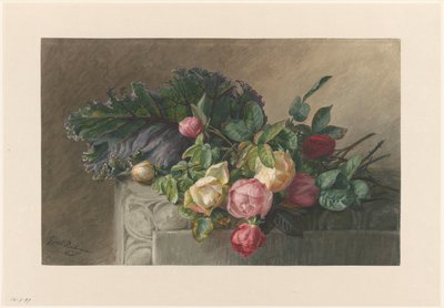 Stilleben med rosor och kålblad av Gerardina Jacoba van de Sande Bakhuyzen
