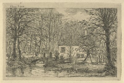 Hus med bro över dike Jägarens hus i Haagsche Bosch av Gerardus Emaus de Micault