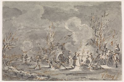 Arméplats med soldater runt lägerelden av Gerardus Emaus de Micault