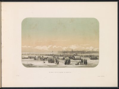 Isunderhållning på Maas i Rotterdam, i fjärran fabriken i Feijenoord, 1855 Maas framför fabriken i Feijenoord (titel på objekt) Isunderhållningen på Maas i Rotterdam i februari 1855, med bildtexter (serietitel på objekt) av Gerardus Johannes Bos