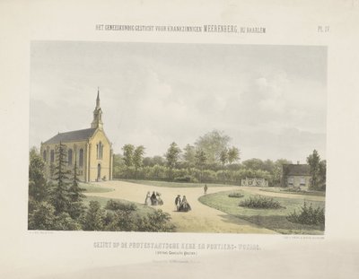 Kyrka och portvaktshus bakom Meerenberg Utsikt över den protestantiska kyrkan och portvaktens hus (titel på objektet) Läkarasylet för galen Meerenberg nära Haarlem (serietitel på objekt) av Gerardus Johannes Bos
