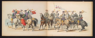 Masquerade of the Leiden Students, 1855 (skylt 6) Klädd procession som hölls av medlemmarna i Leidens studentkår den 12 juni 1855, för att fira 280-årsjubileet av Leidsche Hoogeschool, som skildrar Karl V:s inträde i av Gerardus Johannes Bos
