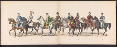 Leidenstudenternas maskerad, 1870 (skylt 13) Klädd procession som hölls av medlemmarna i Leidens studentkår den 7 juni 1870, för att fira 295-årsjubileet av Leidsche Hoogeschool, representerande ett besök i Leiden i av Gerardus Johannes Bos